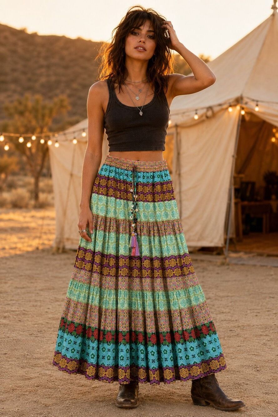 NWT Zara Multicolor Patchwork Tiered Maxi Skirt Shell Beaded Tassel Size M, B41